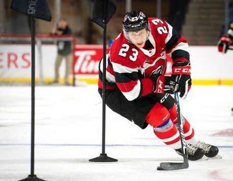 Team red center Marco Rossi (23) skates during the Kubota OHL/NHL Top Prospects skills testing in Hamilton, Ontario, on Wednesday, Jan. 15, 2020. Rossi is a prospect in the upcoming NHL Draft. (Peter Power/The Canadian Press via AP)