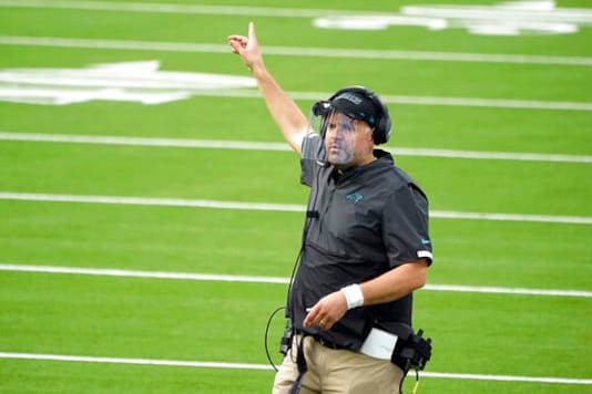 Carolina Panthers head coach Matt Rhule signals during the second half of an NFL football game against the Los Angeles Chargers Sunday, Sept. 27, 2020, in Inglewood, Calif. (AP Photo/Alex Gallardo) Carolina Panthers head coach Matt Rhule signals during the second half of an NFL football game against the Los Angeles Chargers Sunday, Sept. 27, 2020, in Inglewood, Calif. (AP Photo/Alex Gallardo)