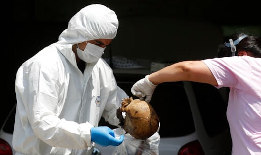EDS NOTE: GRAPHIC CONTENT - Forensic police investigators hold a skull as they collect human remains from a container sitting in a street outside an office building in Asuncion, Paraguay, Friday, Oct. 23, 2020. According to prosecutor Marcelo Saldivar, seven bodies were found in the container, holding fertilizer, that left Serbia in July and arrived at Paraguay's Terport de Villeta port in October. (AP Photo/Jorge Saenz) EDS NOTE: GRAPHIC CONTENT - Forensic police investigators hold a skull as they collect human remains from a container sitting in a street outside an office building in Asuncion, Paraguay, Friday, Oct. 23, 2020. According to prosecutor Marcelo Saldivar, seven bodies were found in the container, holding fertilizer, that left Serbia in July and arrived at Paraguay's Terport de Villeta port in October. (AP Photo/Jorge Saenz)