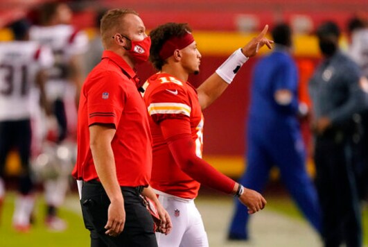 Kansas City Chiefs quarterback Patrick Mahomes, right, walks off the field after an NFL football game against the New England Patriots, Monday, Oct. 5, 2020, in Kansas City. The Chiefs won 26-10. (AP Photo/Charlie Riedel) Kansas City Chiefs quarterback Patrick Mahomes, right, walks off the field after an NFL football game against the New England Patriots, Monday, Oct. 5, 2020, in Kansas City. The Chiefs won 26-10. (AP Photo/Charlie Riedel)