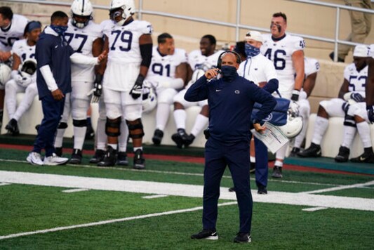 Penn State head coach James Franklin watches during the second half of an NCAA college football game against Indiana, Saturday, Oct. 24, 2020, in Bloomington, Ind. Indiana won 36-35 in overtime. (AP Photo/Darron Cummings)