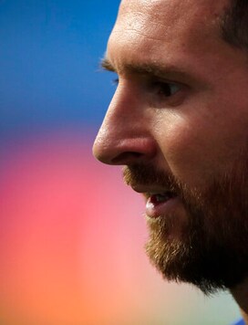 Barcelona's Lionel Messi during the Champions League quarterfinal match between FC Barcelona and Bayern Munich at the Luz stadium in Lisbon, Portugal, Friday, Aug. 14, 2020. (AP Photo/Manu Fernandez/Pool)