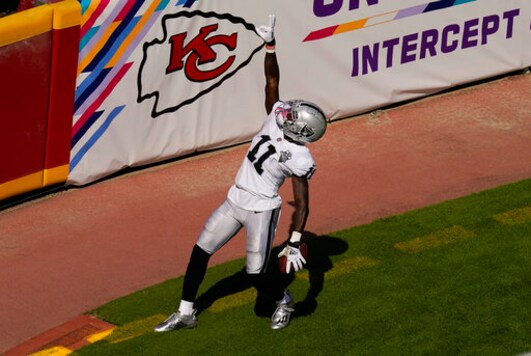 Las Vegas Raiders wide receiver Henry Ruggs III celebrates after catching a 72-yard touchdown pass during the first half of an NFL football game against the Kansas City Chiefs, Sunday, Oct. 11, 2020, in Kansas City. (AP Photo/Charlie Riedel) Las Vegas Raiders wide receiver Henry Ruggs III celebrates after catching a 72-yard touchdown pass during the first half of an NFL football game against the Kansas City Chiefs, Sunday, Oct. 11, 2020, in Kansas City. (AP Photo/Charlie Riedel)