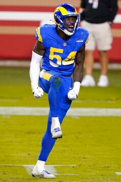 Los Angeles Rams outside linebacker Leonard Floyd (54) reacts after tackling San Francisco 49ers wide receiver Deebo Samuel during the second half of an NFL football game in Santa Clara, Calif., Sunday, Oct. 18, 2020. (AP Photo/Tony Avelar) Los Angeles Rams outside linebacker Leonard Floyd (54) reacts after tackling San Francisco 49ers wide receiver Deebo Samuel during the second half of an NFL football game in Santa Clara, Calif., Sunday, Oct. 18, 2020. (AP Photo/Tony Avelar)