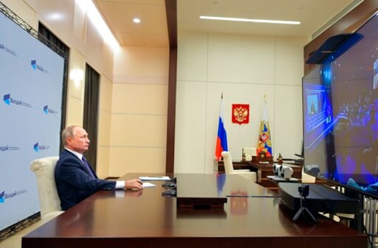 Russian President Vladimir Putin participates in the annual meeting of the Valdai Discussion Club via video conference at the Novo-Ogaryovo residence outside Moscow, Russia, Thursday, Oct. 22, 2020. (Alexei Druzhinin, Sputnik, Kremlin Pool Photo via AP) Russian President Vladimir Putin participates in the annual meeting of the Valdai Discussion Club via video conference at the Novo-Ogaryovo residence outside Moscow, Russia, Thursday, Oct. 22, 2020. (Alexei Druzhinin, Sputnik, Kremlin Pool Photo via AP)
