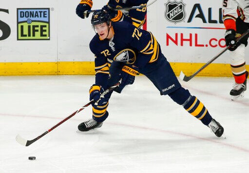 FILE - In this Dec. 22, 2018, file photo, Buffalo Sabres' Tage Thompson (72) controls the puck during the first period of an NHL hockey game against the Anaheim Ducks in Buffalo N.Y. The Sabres signed Thompson to a three-year, $4.2 million contract on Monday, Oct. 5, 2020. Thompson was eligible to be a restricted free agent after completing his rookie contract. (AP Photo/Jeffrey T. Barnes, File)