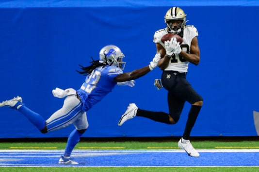 New Orleans Saints wide receiver Tre'Quan Smith, defended by Detroit Lions cornerback Desmond Trufant, catches a 20-yard pass for a touchdown during the first half of an NFL football game, Sunday, Oct. 4, 2020, in Detroit. (AP Photo/Duane Burleson) New Orleans Saints wide receiver Tre'Quan Smith, defended by Detroit Lions cornerback Desmond Trufant, catches a 20-yard pass for a touchdown during the first half of an NFL football game, Sunday, Oct. 4, 2020, in Detroit. (AP Photo/Duane Burleson)