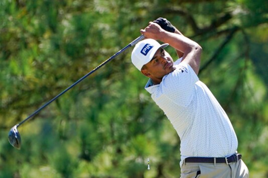 Defending champion Sebastian Munoz, of Colombia, watches his drive from the ninth tee during the second round of the Sanderson Farms Championship golf tournament in Jackson, Miss., Friday, Oct. 2, 2020. (AP Photo/Rogelio V. Solis)