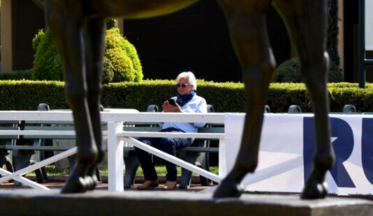 Trainer Bob Baffert attends the first day of the fall meet at Santa Anita in Arcadia, Calif., Friday, Sept. 25, 2020. Spectators were not allowed in during the coronavirus pandemic. ( Keith Birmingham/The Orange County Register via AP)