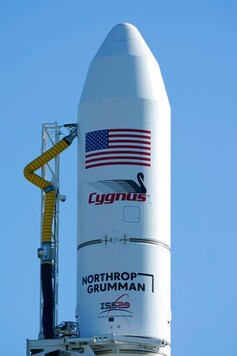 Northrup Grumman's Antares rocket is poised for launch at the NASA Wallops test flight facility Thursday, Oct. 1, 2020, in Wallops Island, Va. The rocket is set to launch Thursday evening to deliver supplies to the International Space Station. (AP Photo/Steve Helber)