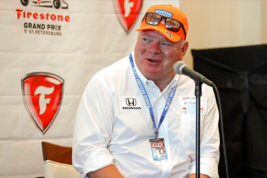 Chip Ganassi speaks about driver Jimmie Johnson joining his IndyCar team for next season at a press conference during the IndyCar race weekend Saturday, Oct. 24, 2020, in St. Petersburg, Fla. (AP Photo/Mike Carlson)