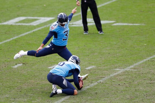 Tennessee Titans kicker Stephen Gostkowski (3) attempts a 45-yard field goal against the Pittsburgh Steelers as Brett Kern (6) holds in the final seconds of the fourth quarter of an NFL football game Sunday, Oct. 25, 2020, in Nashville, Tenn. Gostkowski missed the kick and the Steelers won 27-24. (AP Photo/Wade Payne)