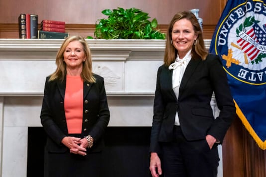 Judge Amy Coney Barrett, President Donald Trumps nominee for the U.S. Supreme Court, meets with Sen. Marsha Blackburn, R-Tenn., on Capitol Hill in Washington, Thursday, Oct. 1, 2020. (Jim Lo Scalzo/Pool via AP) Judge Amy Coney Barrett, President Donald Trumps nominee for the U.S. Supreme Court, meets with Sen. Marsha Blackburn, R-Tenn., on Capitol Hill in Washington, Thursday, Oct. 1, 2020. (Jim Lo Scalzo/Pool via AP)