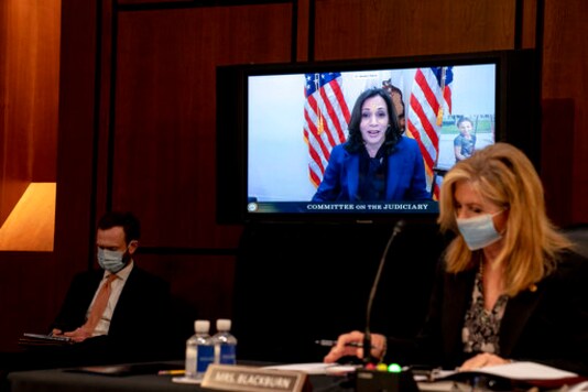 Democratic vice presidential candidate Sen. Kamala Harris, D-Calif., speaks virtually during a confirmation hearing for Supreme Court nominee Amy Coney Barrett before the Senate Judiciary Committee, Monday, Oct. 12, 2020, on Capitol Hill in Washington. (Erin Schaff/The New York Times via AP, Pool) Democratic vice presidential candidate Sen. Kamala Harris, D-Calif., speaks virtually during a confirmation hearing for Supreme Court nominee Amy Coney Barrett before the Senate Judiciary Committee, Monday, Oct. 12, 2020, on Capitol Hill in Washington. (Erin Schaff/The New York Times via AP, Pool)