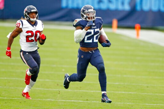Tennessee Titans running back Derrick Henry (22) beats Houston Texans strong safety Justin Reid (20) as Henry runs 94 yards for a touchdown in the second half of an NFL football game Sunday, Oct. 18, 2020, in Nashville, Tenn. (AP Photo/Wade Payne) Tennessee Titans running back Derrick Henry (22) beats Houston Texans strong safety Justin Reid (20) as Henry runs 94 yards for a touchdown in the second half of an NFL football game Sunday, Oct. 18, 2020, in Nashville, Tenn. (AP Photo/Wade Payne)