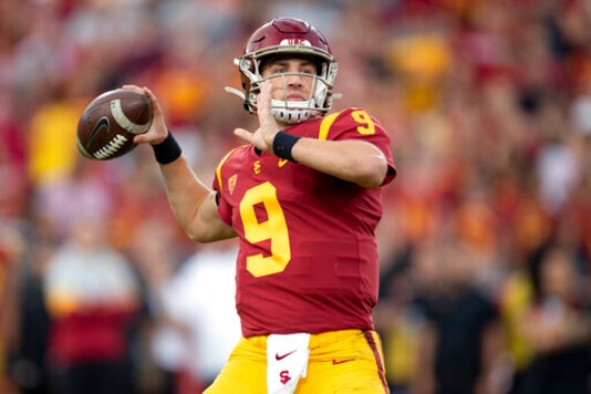 FILE - In this Nov. 2, 2019 file photo, Southern California quarterback Kedon Slovis throws a pass during the first half of an NCAA college football game against Oregon in Los Angeles. Slovis returns s quarterback for his sophomore season in November.  (AP Photo/Kyusung Gong, File)