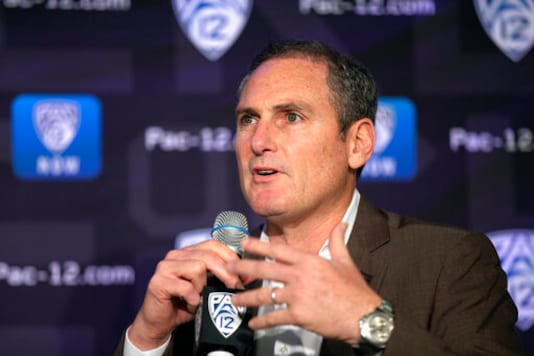 FILE - In this Oct. 7, 2019, file photo, Pac-12 Commissioner Larry Scott speaks to reporters during the Pac-12 Conference women's NCAA college basketball media day in San Francisco. The Pac-12 university presidents and chancellors will meet Friday, Sept. 17, 2020, and be presented options for staging a fall football season, but Commissioner Larry Scott says a vote by the the CEO Group is not expected. (AP Photo/D. Ross Cameron, File)