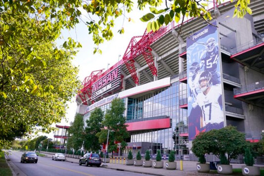 Nissan Stadium, home of the Tennessee Titans, is shown Tuesday, Sept. 29, 2020, in Nashville, Tenn. The Titans suspended in-person activities through Friday after the NFL says three Titans players and five personnel tested positive for the coronavirus, becoming the first COVID-19 outbreak of the NFL season in Week 4. (AP Photo/Mark Humphrey)