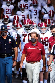 FILE - In this Sept. 26, 2020, file photo, Alabama coach Nick Saban leads his team to the field before an NCAA college football game against Missouri in Columbia, Mo. New Mississippi coach Lane Kiffin faces his old boss, Nick Saban, when the Rebels host No. 2 Alabama on Saturday. Saban last week improved to 20-0 when facing teams led by one of his former assistants. By(AP Photo/L.G. Patterson, File) FILE - In this Sept. 26, 2020, file photo, Alabama coach Nick Saban leads his team to the field before an NCAA college football game against Missouri in Columbia, Mo. New Mississippi coach Lane Kiffin faces his old boss, Nick Saban, when the Rebels host No. 2 Alabama on Saturday. Saban last week improved to 20-0 when facing teams led by one of his former assistants. By(AP Photo/L.G. Patterson, File)