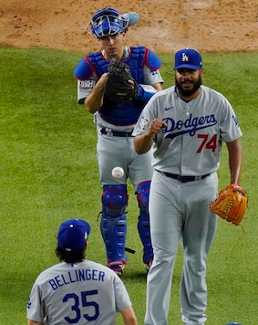 Los Angeles Dodgers relief pitcher Kenley Jansen celebrates their win against the Tampa Bay Rays in Game 3 of the baseball World Series Friday, Oct. 23, 2020, in Arlington, Texas. Dodgers beat the Rays 6-2 to lead the series 2-1 games. (AP Photo/Sue Ogrocki) Los Angeles Dodgers relief pitcher Kenley Jansen celebrates their win against the Tampa Bay Rays in Game 3 of the baseball World Series Friday, Oct. 23, 2020, in Arlington, Texas. Dodgers beat the Rays 6-2 to lead the series 2-1 games. (AP Photo/Sue Ogrocki)