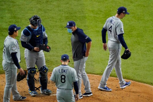 Tampa Bay Rays starting pitcher Blake Snell leaves the game against the Los Angeles Dodgers during the sixth inning in Game 6 of the baseball World Series Tuesday, Oct. 27, 2020, in Arlington, Texas. (AP Photo/Sue Ogrocki) Tampa Bay Rays starting pitcher Blake Snell leaves the game against the Los Angeles Dodgers during the sixth inning in Game 6 of the baseball World Series Tuesday, Oct. 27, 2020, in Arlington, Texas. (AP Photo/Sue Ogrocki)