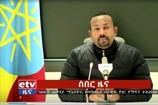 A still image taken from a video shows Ethiopian Prime Minister Abiy Ahmed addressing the nation in Addis Ababa, Ethiopia November 4, 2020. Ethiopia Broadcasting Coporation/Handout/Reuters TV via REUTERS