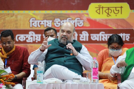 Home Minister Amit Shah addresses a party gathering in Bankura on Thursday. (News18)