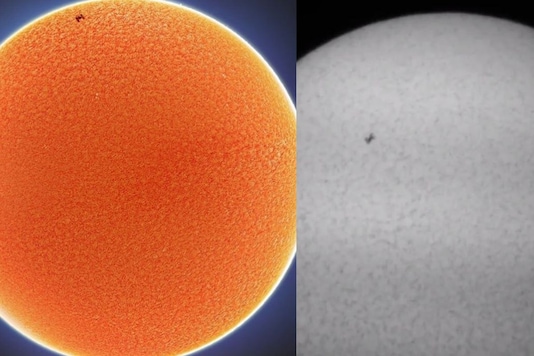 Video grab and images of ISS passing in front of Sun and moon.
(Credit: Instagram/ @cosmic_background)
Video grab and images of ISS passing in front of Sun and moon.
(Credit: Instagram/ @cosmic_background)