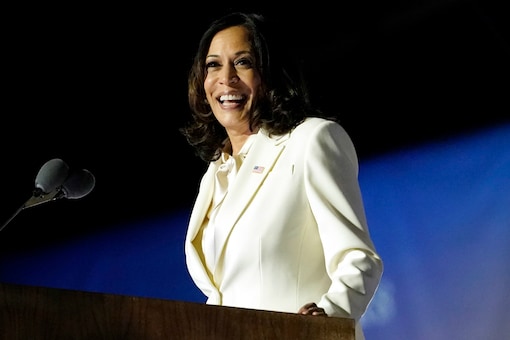 File photo: Vice-president-elect Kamala Harris addresses a crowd after her victory.