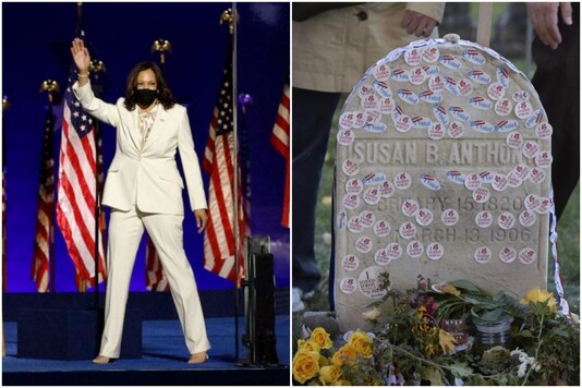Kamala Harris wore white to honour the suffragette movement led by women like Susan B Anthony, who have often been accused of ignoring the rights of women of colour | Image credit: Reuters