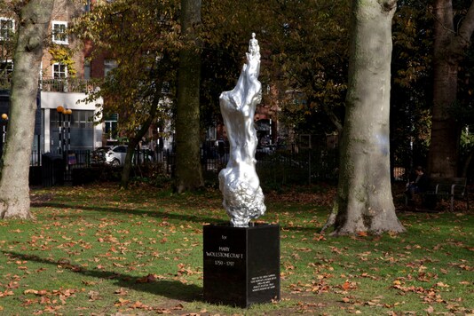 The sculpture was unveiled Tuesday, Nov, 10, 2020 after a decade of campaigning and fundraising, but many critics took to Twitter to question why it had to feature a naked female figure. (Ioana Marinescu/Mary on the Green via AP)
