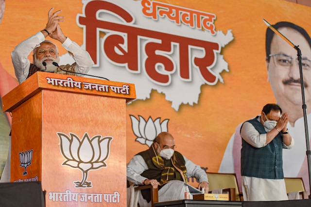 PM Narendra Modi addresses party workers in Delhi on Wednesday. (PTI)