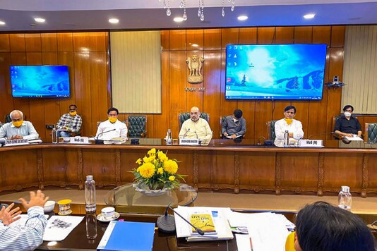File photo of Union Home Minister Amit Shah chairing a meeting with officials to review the Covid-19 situation across India. (PTI)