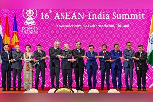 PM Modi poses for a group photograph with the Association of Southeast Asian Nations (ASEAN) leaders of other countries at the 16th ASEAN-India Summit, in Bangkok in 2019.
