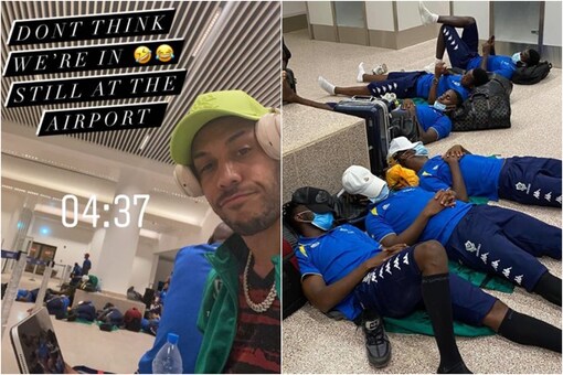 Aubameyang and Gabon players at the airport (Photo Credit: Twitter)