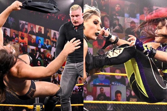 Dexter Lumis and Cameron Grimes, Io Shirai and Rhea Ripley (Photo Credit: WWE)