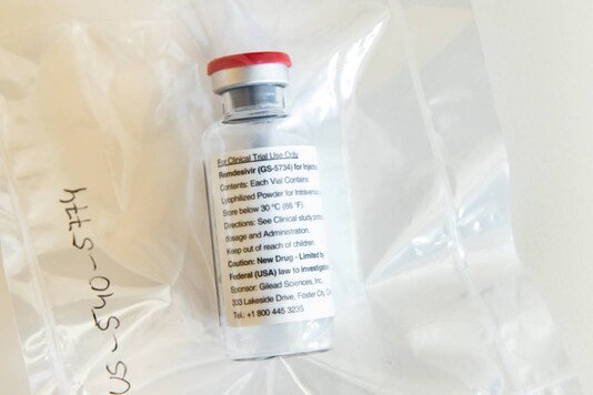 An ampule of Gilead Sciences Covid-19 antiviral remdesivir is pictured during a news conference at the University Hospital Eppendorf (UKE) in Hamburg, Germany, on April 8, 2020. (Ulrich Perrey/Pool via REUTERS/File Photo)