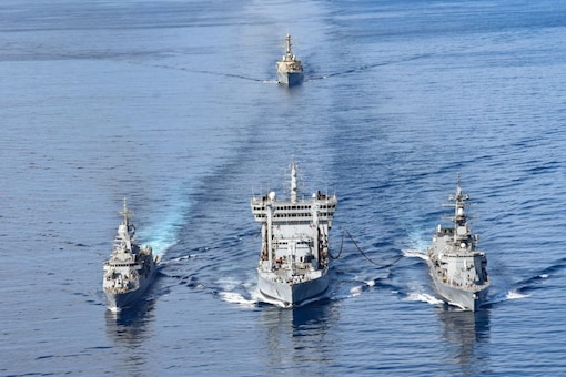 Indian Navy's Vikramaditya Carrier Battle Group exercising with US Navy's Nimitz Carrier Strike Group, Australian Navy ship HMAS Ballarat and JMSDF ship JS Onami during phase 2 of Malabar exercise. (Image: Indian Navy)