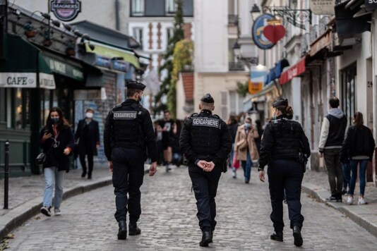French Gendarmes patrol Paris during the country's lockdown earlier this month.
