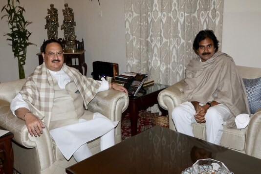 Jana Sena Leader Pawan Kalyan meets BJP president JP Nadda. (Image credit: Twitter@PawanKalyan)