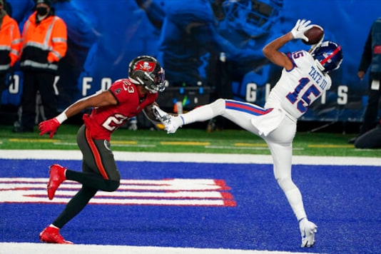 New York Giants' Golden Tate, right, catches a touchdown in front of Tampa Bay Buccaneers' Sean Murphy-Bunting during the second half of an NFL football game, Monday, Nov. 2, 2020, in East Rutherford, N.J. (AP Photo/Corey Sipkin) New York Giants' Golden Tate, right, catches a touchdown in front of Tampa Bay Buccaneers' Sean Murphy-Bunting during the second half of an NFL football game, Monday, Nov. 2, 2020, in East Rutherford, N.J. (AP Photo/Corey Sipkin)