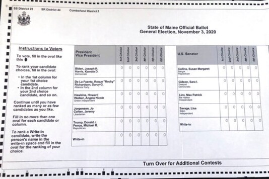 This absentee ballot for the 2020 Maine general election, photographed on Thursday, Oct. 22, 2020 in Falmouth, Maine, shows how Maine voters are allowed to rank presidential and senate candidates in order of ranked choice preference. It is the first time a ranked voting system is being used for a presidential race. (AP Photo/David Sharp)