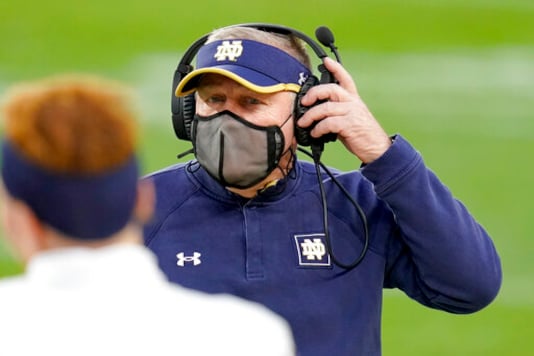 Notre Dame head coach Brian Kelly adjusts his headset as he walks to talk to Jonathan Doerer during the second half of an NCAA college football game against Pittsburgh, Saturday, Oct. 24, 2020, in Pittsburgh. (AP Photo/Keith Srakocic) Notre Dame head coach Brian Kelly adjusts his headset as he walks to talk to Jonathan Doerer during the second half of an NCAA college football game against Pittsburgh, Saturday, Oct. 24, 2020, in Pittsburgh. (AP Photo/Keith Srakocic)