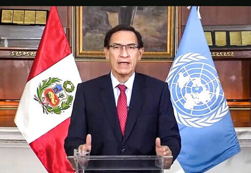 In this image made from UNTV video, Peru President Martn Vizcarra Cornejo speaks in a pre-recorded message which was played during the 75th session of the United Nations General Assembly, Tuesday, Sept. 22, 2020, at U.N. headquarters in New York. The U.N.'s first virtual meeting of world leaders started Tuesday with pre-recorded speeches from some of the planet's biggest powers, kept at home by the coronavirus pandemic that will likely be a dominant theme at their video gathering this year. (UNTV via AP)