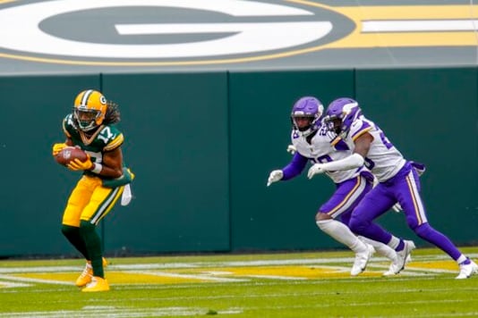 Green Bay Packers' Davante Adams catckes a touchdown pass during the first half of an NFL football game against the Minnesota Vikings Sunday, Nov. 1, 2020, in Green Bay, Wis. (AP Photo/Matt Ludtke) Green Bay Packers' Davante Adams catckes a touchdown pass during the first half of an NFL football game against the Minnesota Vikings Sunday, Nov. 1, 2020, in Green Bay, Wis. (AP Photo/Matt Ludtke)