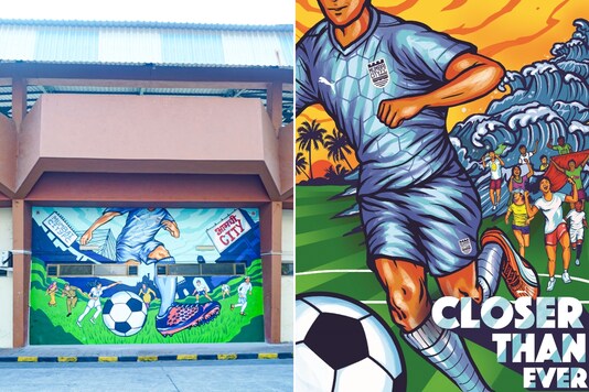 Mumbai City FC mural (L) at the Andheri Sports Complex and banner at the GMC Stadium. (Photo Credit: Mumbai City FC) 