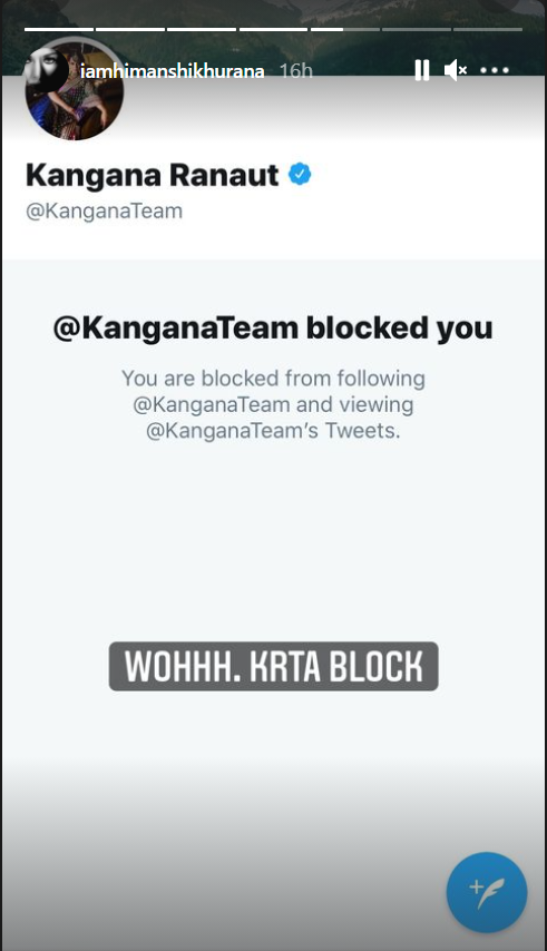 Himanshi Khurana slammed Kangana Ranaut for her remarks on Twitter over farmers protest and hence Kangana blocked Himanshi on Twitter.
