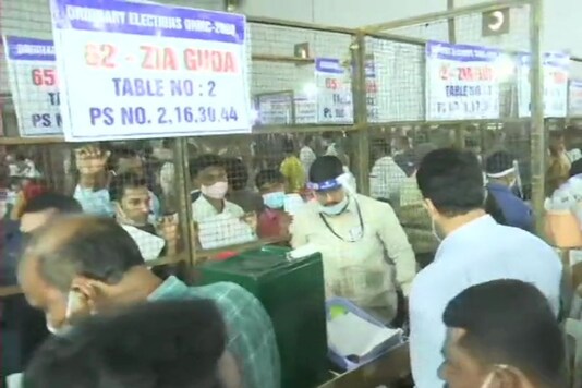 Telangana: Counting for Greater Hyderabad Municipal Corporation (GHMC) elections underway; visuals from LB Stadium counting centre. (ANI)