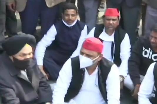 Samajwadi Party chief Akhilesh Yadav during a sit-in in support of protesting farmers.