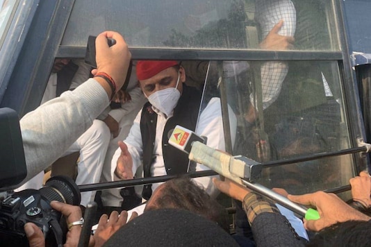 Akhilesh Yadav being taken away by the police for violating section 144 of the CrPC. 